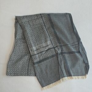 Salvatore Ferragamo Black and Gray Gancini Logo Spring Scarf, Unisex, Cotton